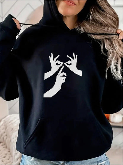 Women's Graphic Hoodie Minimalist Sign Language Hands In Calm Graphic Black Hoodie