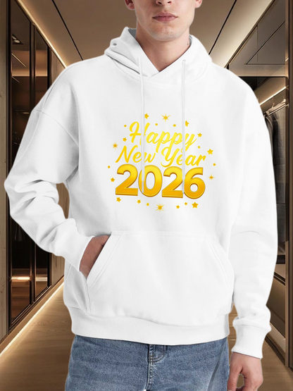 Men's Graphic Hoodie Happy New Year Surrounded By Festive Golden Sparkling Fireworks 2026
