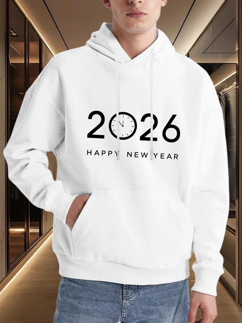 Men's Graphic Hoodie Happy New Year Monochrome Print With Clock Motif Minimalist Modern Hoodie