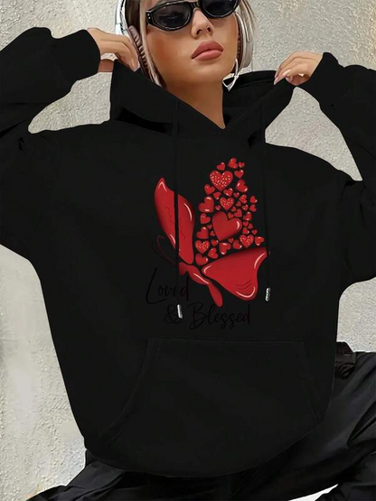 Women's Graphic Hoodie Clustered Red Hearts Flowing Over Abstract Butterfly