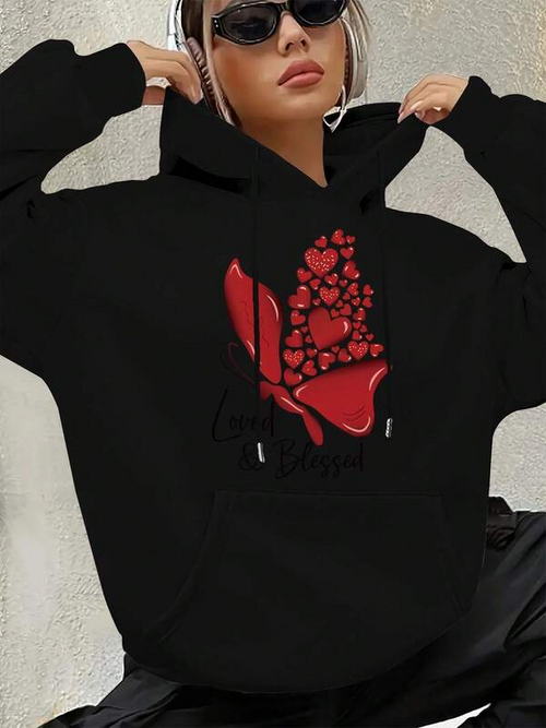 Women's Graphic Hoodie Clustered Red Hearts Flowing Over Abstract Butterfly