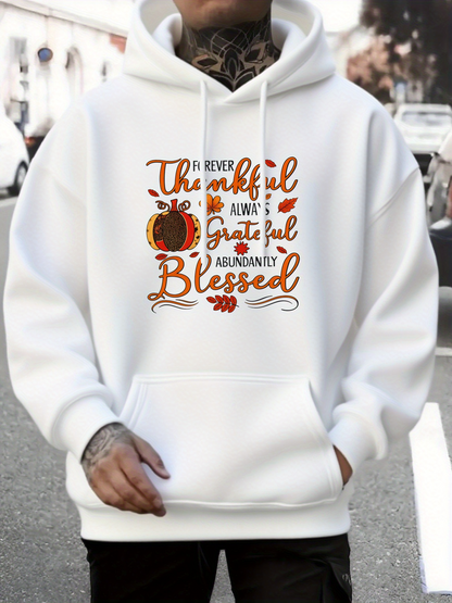 Men's Graphic Hoodie Thankful Grateful Blessed With Autumn Leaves And Pumpkin