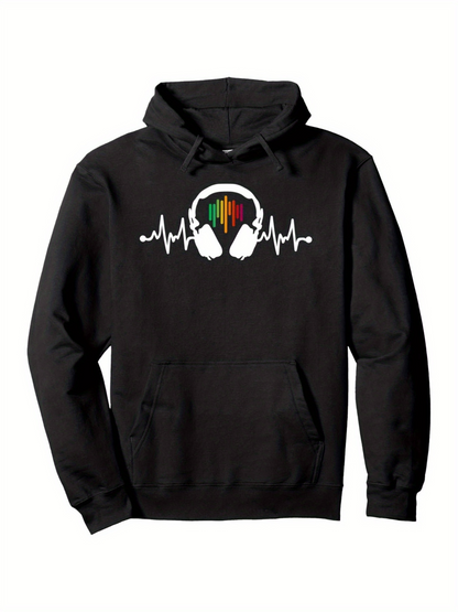Men's Graphic Hoodie Colorful Pulse Lines With Headphones And Sound Wave Pattern