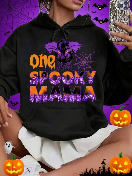 Women's Graphic Hoodie One Spooky Mama Halloween Spider Web Purple Bat Hoodie