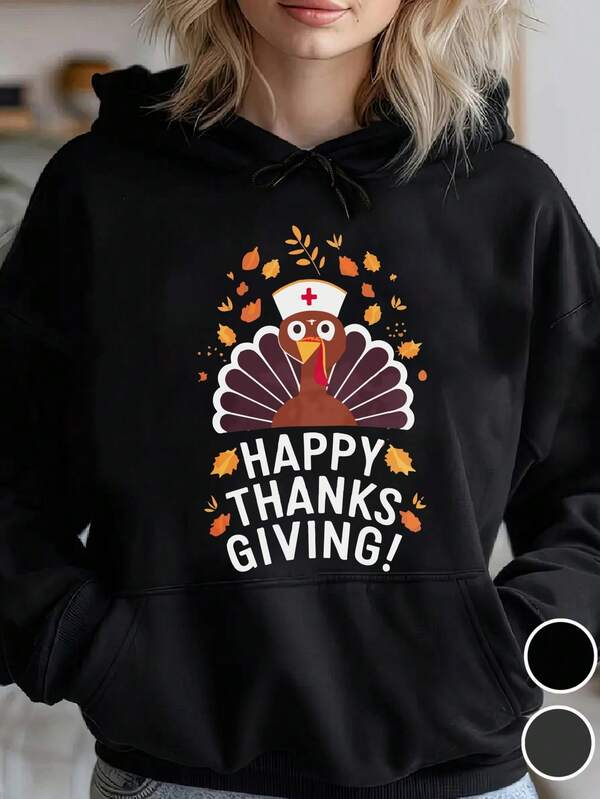 Women's Graphic Hoodie Happy Thanksgiving Autumn Leaves Nurse Hat Turkey