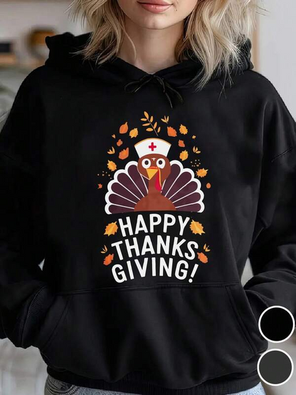 Women's Graphic Hoodie Happy Thanksgiving Autumn Leaves Nurse Hat Turkey