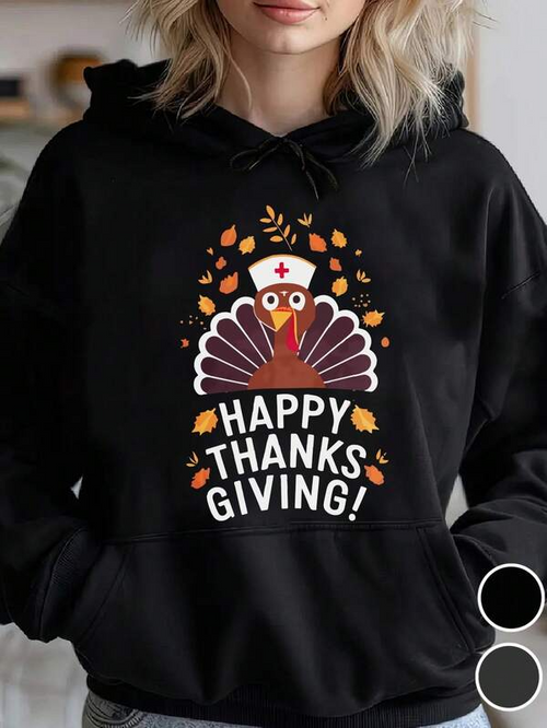 Women's Graphic Hoodie Happy Thanksgiving Autumn Leaves Nurse Hat Turkey