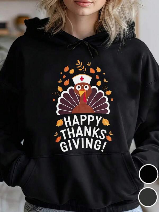 Women's Graphic Hoodie Happy Thanksgiving Autumn Leaves Nurse Hat Turkey