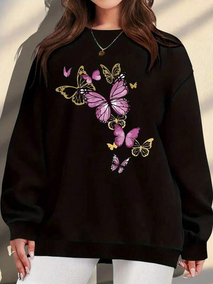 Women's Graphic Hoodie Vibrant Pink Yellow Butterflies Clustered On Soft Black Sweatshirt Butterfly