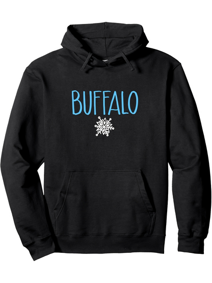 Men's Graphic Hoodie Buffalo Blue Lettering With Snowflake Motif Centered Winter Hoodie