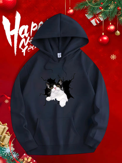 Men's Graphic Hoodie Playful Kitten Peeking Through Torn Black Wall Hoodie