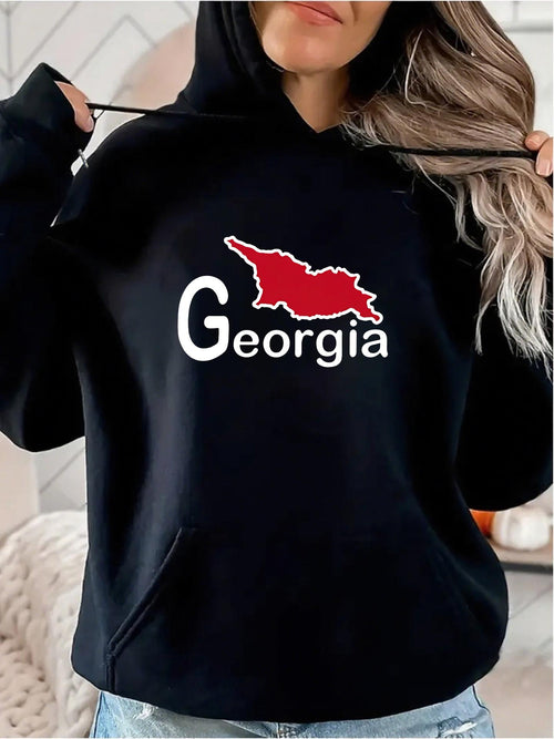 Women's Graphic Hoodie Georgia Outline Map With Red Silhouette On Casual Black Hoodie