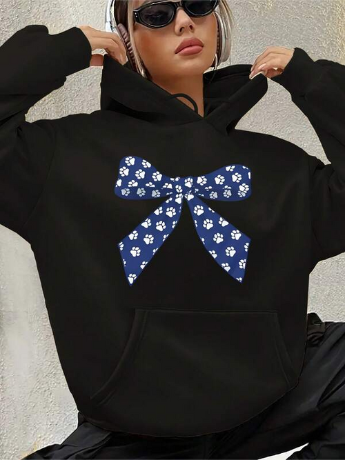 Women's Graphic Hoodie Blue Floral Print With Playful Large Ribbon Bow