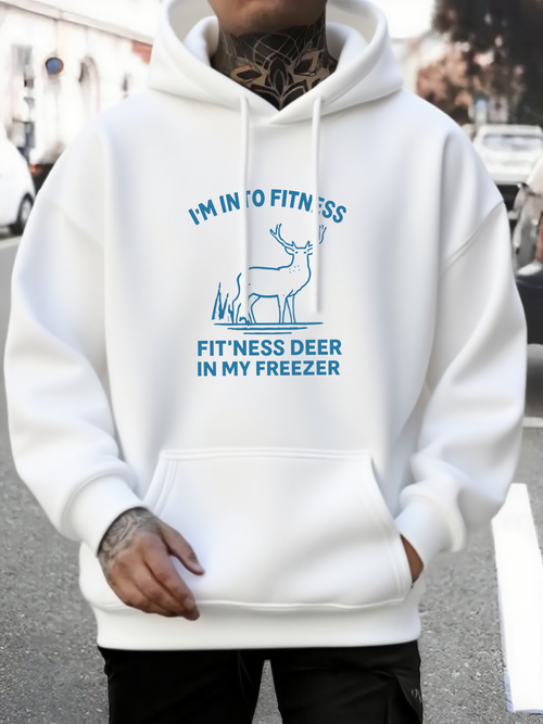 Men's Graphic Hoodie Im Into Fitness Fitness Deer In My Freezer Playful Blue Sketch With Forest And Deer Design Deer