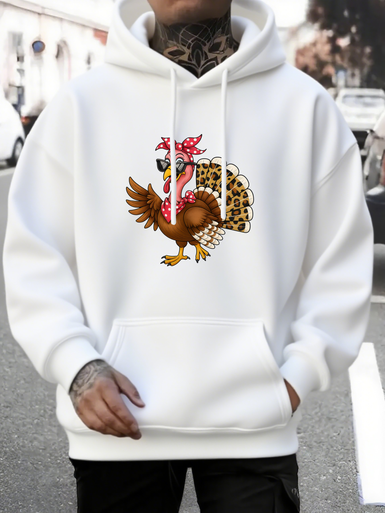 Men's Graphic Hoodie Leopard Bandana Patterned Turkey With Cartoon Style Wings Under Bright Daylight Turkey