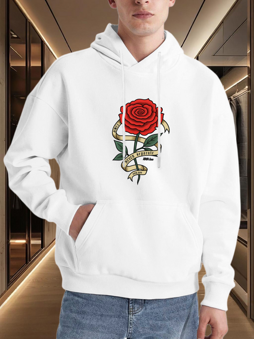 Men's Graphic Hoodie Golden Ribbon Twisting Around Vibrant Red Rose