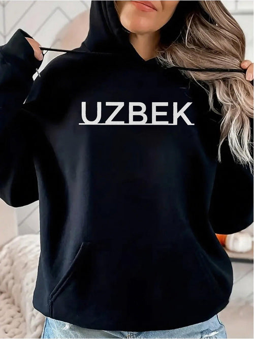 Women's Graphic Hoodie Uzbek Simple White Text Across Solid Black Hoodie