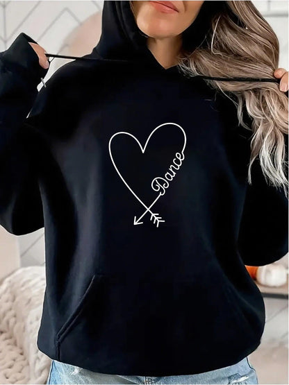 Women's Graphic Hoodie Curved Heart Outline With Arrow Pointing Down And Dance Lettering