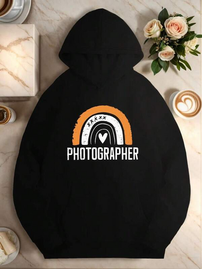 Women's Graphic Hoodie Bold Orange Arched Lines With Heart Centered Photographer Text Hoodie