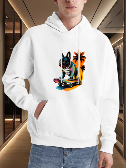 Men's Graphic Hoodie Skateboarding French Bulldog Among Vibrant Sunset Palms And Urban Landscape