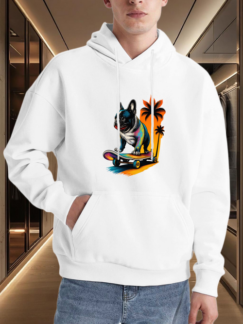 Men's Graphic Hoodie Skateboarding French Bulldog Among Vibrant Sunset Palms And Urban Landscape