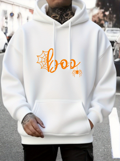 Men's Graphic Hoodie Boo With Orange Web And Cute Halloween Spider