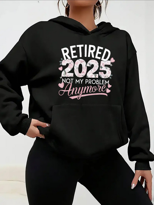 Women's Graphic Hoodie Retired 2025 With Pink Hearts Cheerful Lettering Hoodie