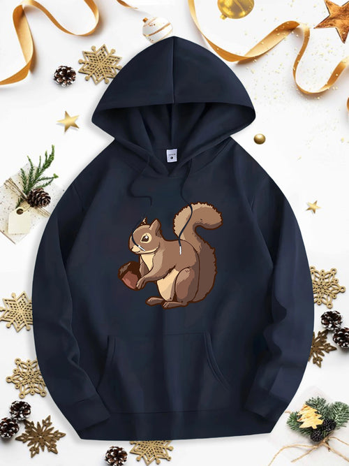 Men's Graphic Hoodie Warm Autumn Leaves With Chestnut Acorn Among Brown Fluffy Squirrel