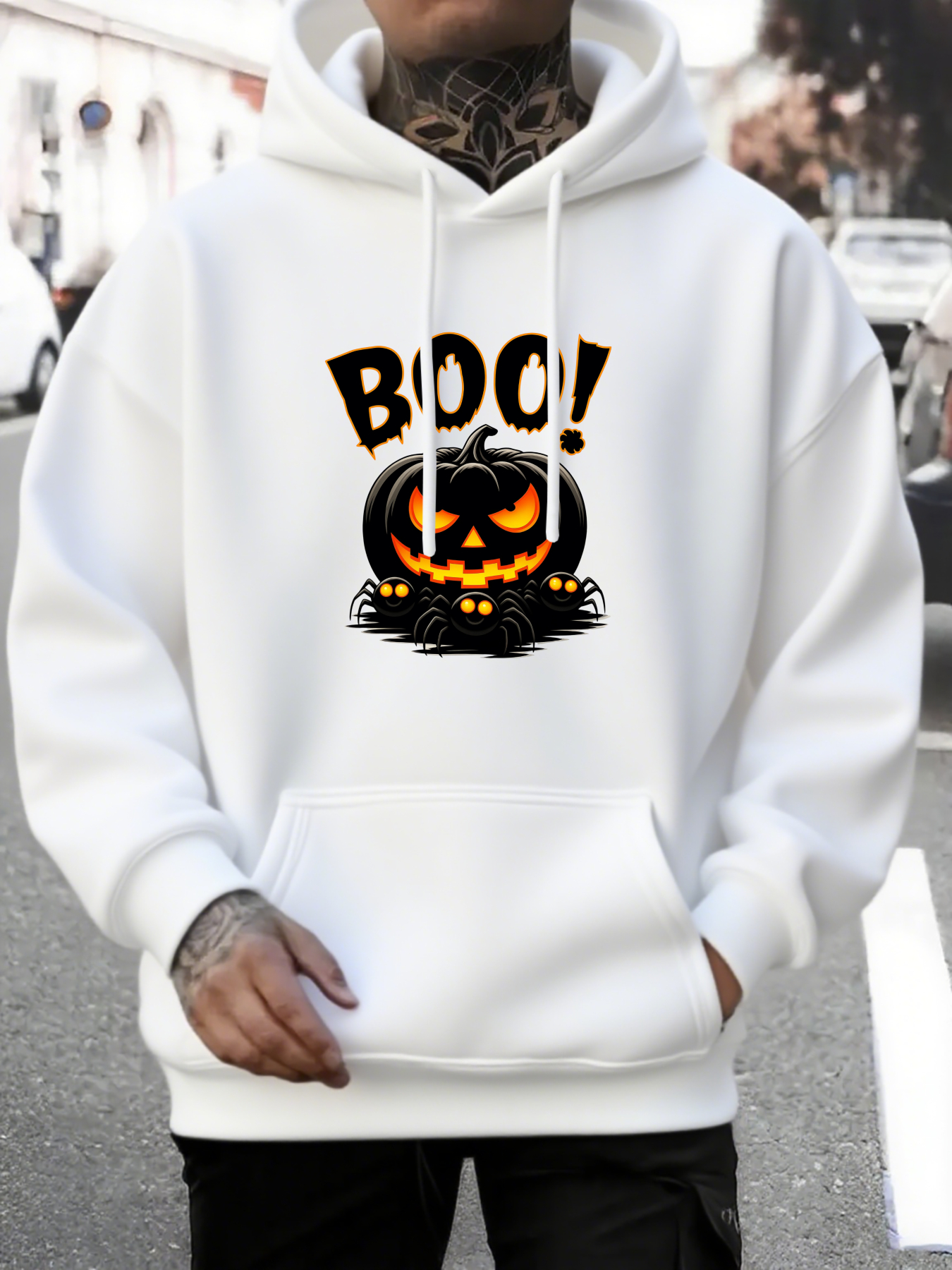 Men's Graphic Hoodie Boo Glowing Orange Halloween Pumpkin With Smiling Face Jack O Lantern