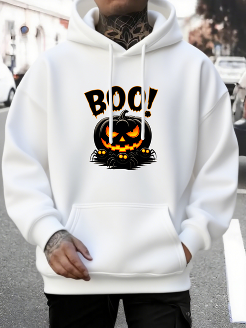 Men's Graphic Hoodie Boo Glowing Orange Halloween Pumpkin With Smiling Face Jack O Lantern