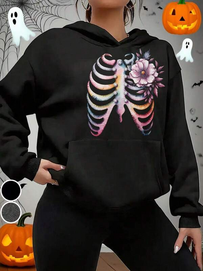 Women's Graphic Hoodie Iridescent Skeleton Ribcage Surrounded By Pastel Flowers Under Halloween Night Hoodie