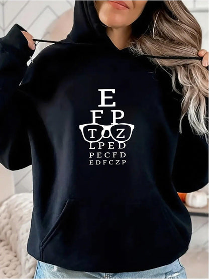 Women's Graphic Hoodie Layered White Letters With Glasses Eye Test Pattern Hoodie