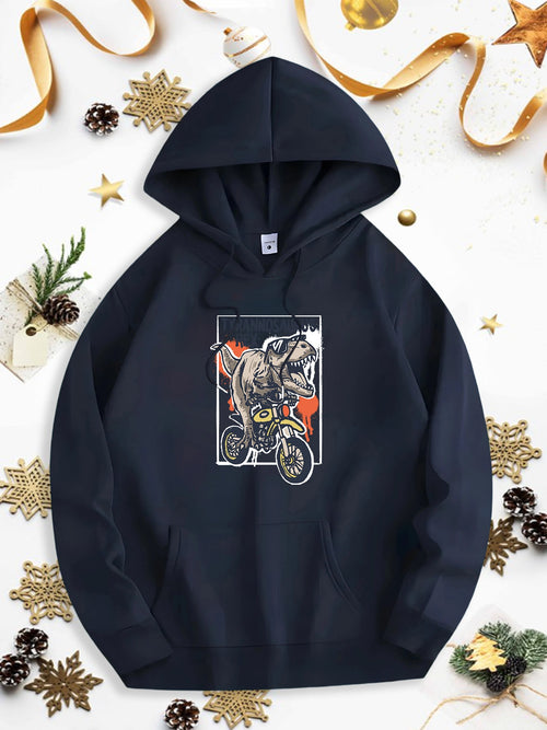 Men's Graphic Hoodie Roaring Prehistoric Beast Riding On Orange Motocross Bike Under Dramatic Sky Dinosaur