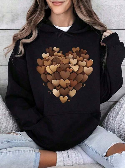 Women's Graphic Hoodie Layered Warm Tones Heart Shaped Cluster Among Cozy Blacks Heart