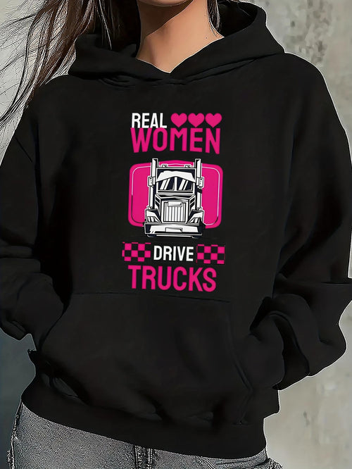 Women's Graphic Hoodie Real Women With Hot Pink Checkered Blocks And Strong Chrome Semi Truck