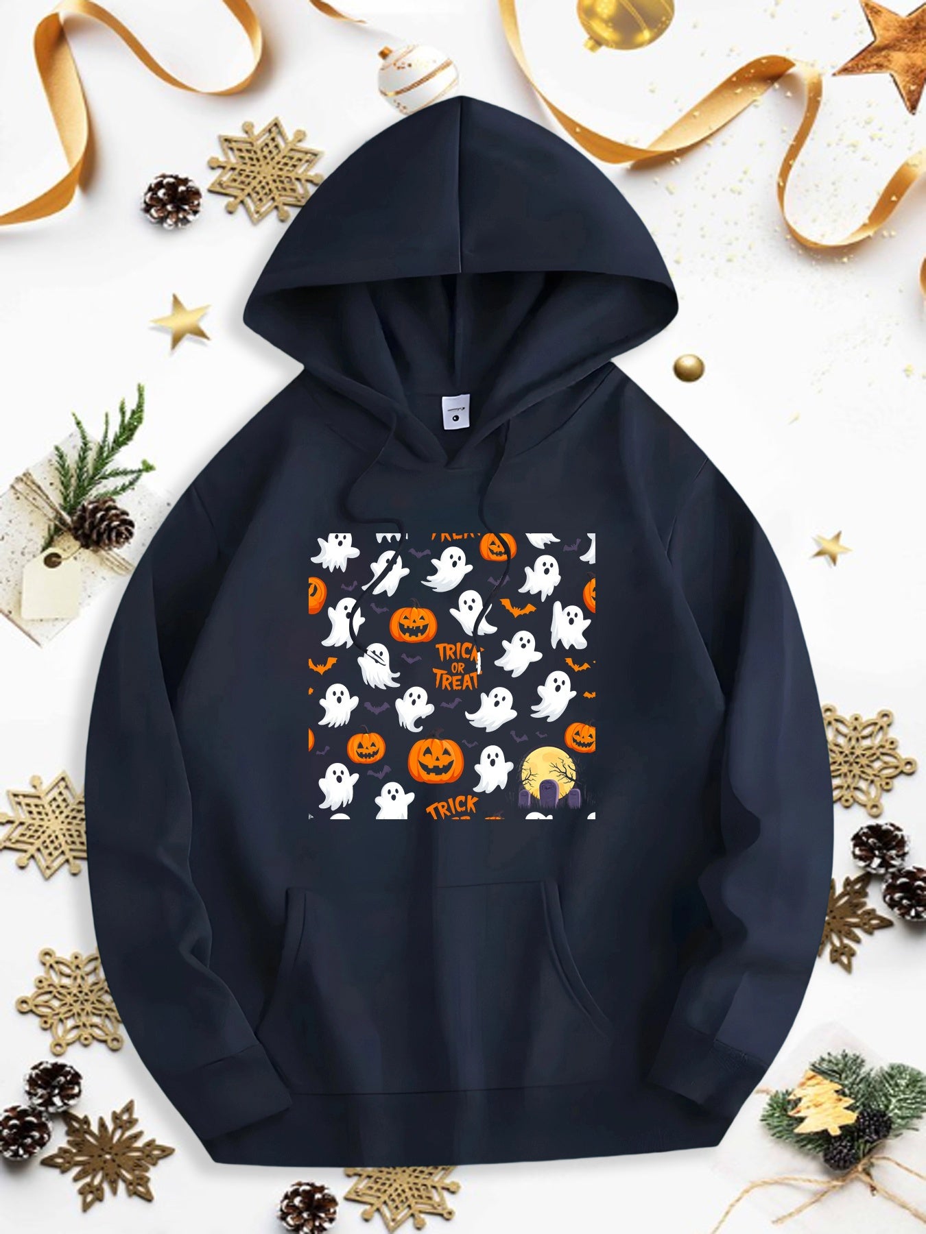 Men's Graphic Hoodie Trick Or Treat Playful Ghosts And Pumpkins Under Festive Halloween Night Hoodie