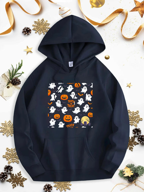 Men's Graphic Hoodie Trick Or Treat Playful Ghosts And Pumpkins Under Festive Halloween Night Hoodie