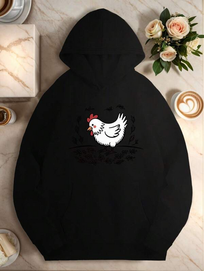 Women's Graphic Hoodie Charming Bright White Hen With Red Comb Standing On Black Hoodie Hen