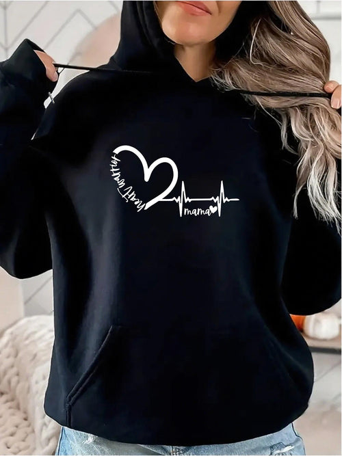 Women's Graphic Hoodie Minimalist Heartbeat Line Art With Small Script Heart Motif Hoodie