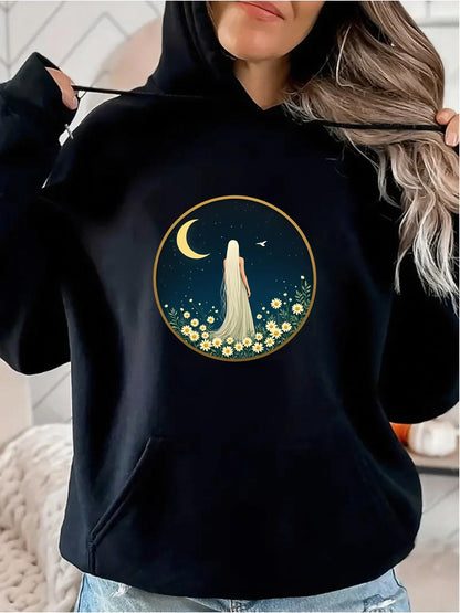 Women's Graphic Hoodie Mysterious Night Sky With Flowing Light And Blossoms Under Crescent Moon Woman