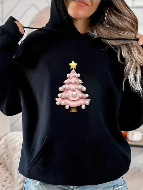 Women's Graphic Hoodie Whimsical Pink Christmas Tree With Ornaments And Star Decoration Tree