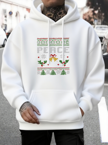 Men's Graphic Hoodie Peace Holiday Trees Snowflakes And Cheerful Bird