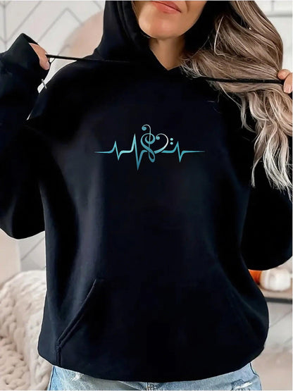 Women's Graphic Hoodie Abstract Light Blue Heartbeat Line With Musical Notes Motif Hoodie