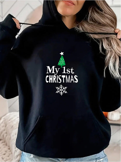 Women's Graphic Hoodie My 1st Christmas Snowflake With Pine Tree And Star Holiday Hoodie