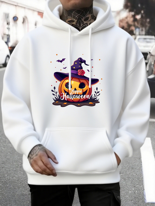Men's Graphic Hoodie Halloween Pumpkin With Cute Witch Hat Surrounded By Falling Autumn Leaves
