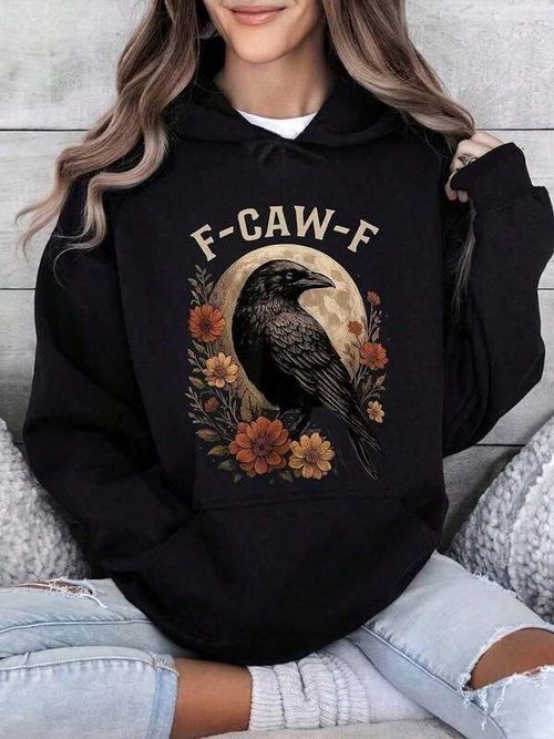 Women's Graphic Hoodie F Caw F Full Moon With Flowers Among Midnight Raven
