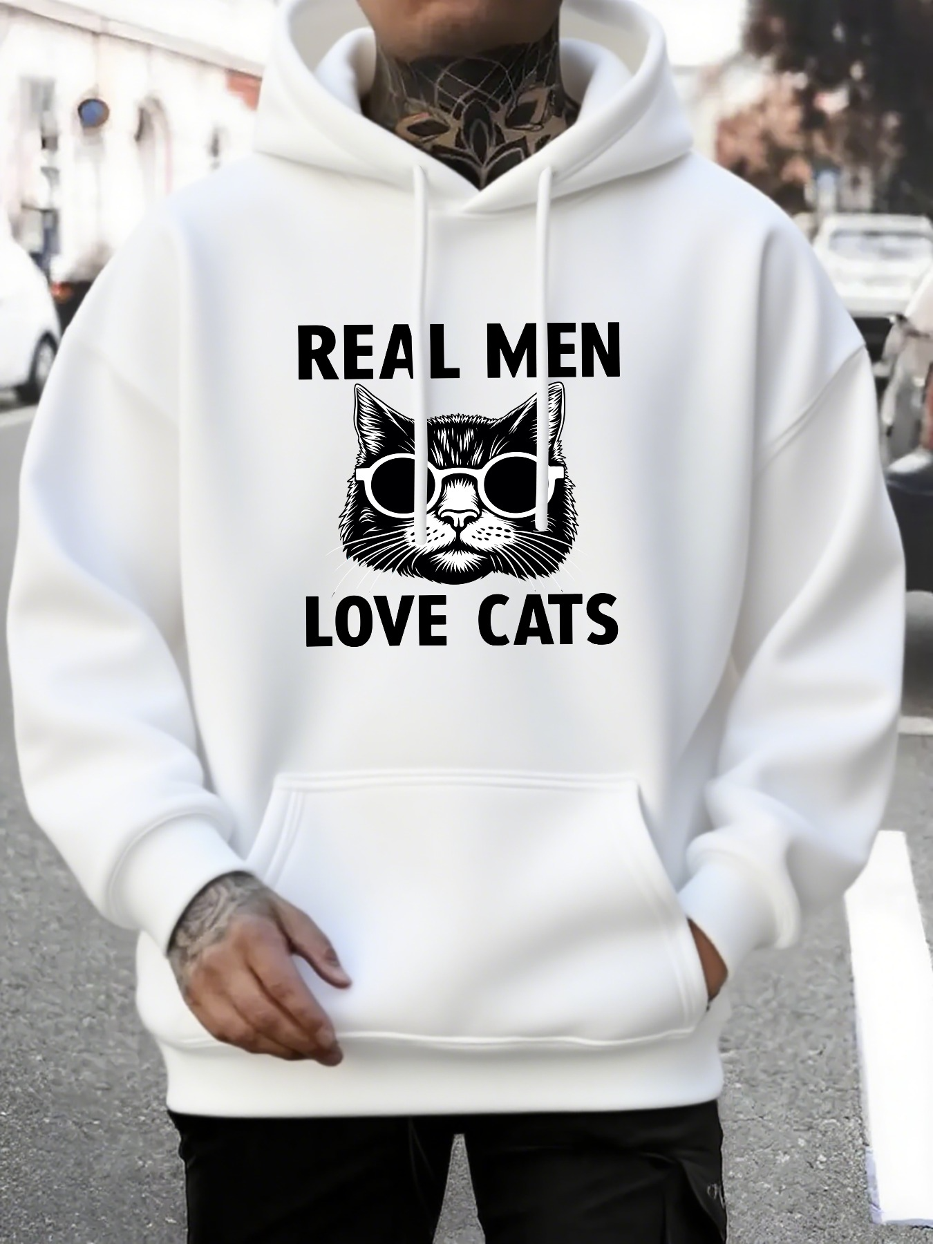Men's Graphic Hoodie Real Men Love Cats With Monochrome Glasses Wearing Cat
