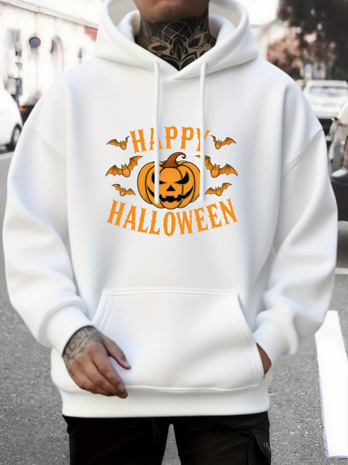 Men's Graphic Hoodie Happy Halloween Surrounded By Flying Bats And Smiling Pumpkin
