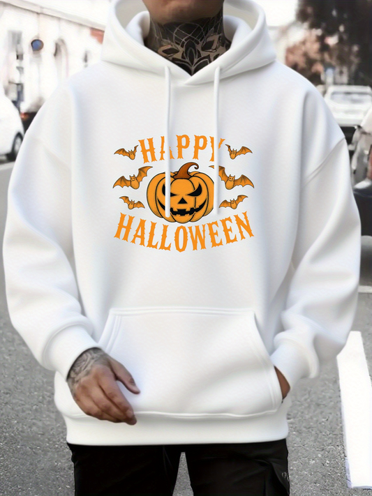 Men's Graphic Hoodie Happy Halloween Surrounded By Flying Bats And Smiling Pumpkin