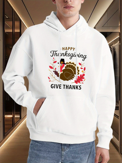 Men's Graphic Hoodie Happy Thanksgiving Festive Leaves And Autumn Turkey